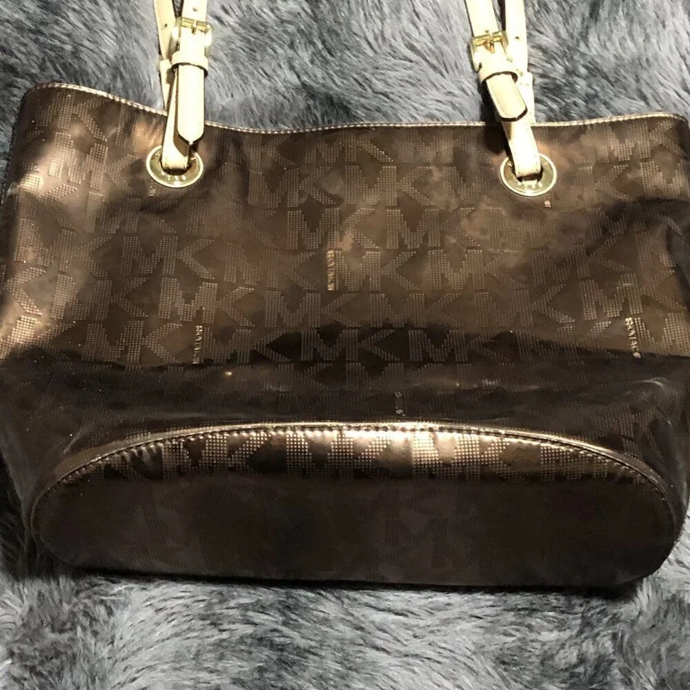 Michael Kors Brown Logo Tote Bag with Logo Charm, Beige Leather Double Handles